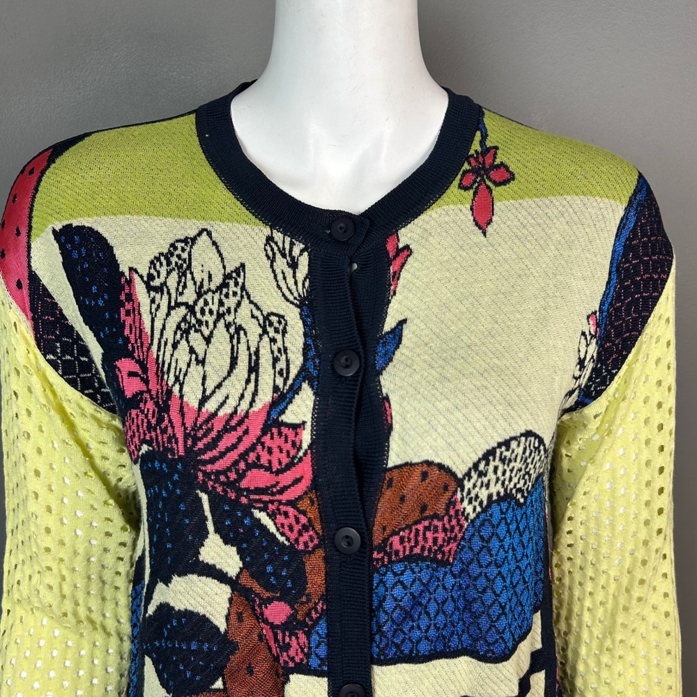 Aldo Martins Floral Mixed Media Mesh Sleeve Cardigan Navy Yellow Size 6 US 40 EU - Picture 4 of 8
